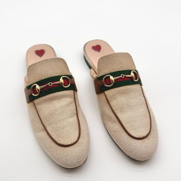 Gucci Horsebit Beige Canvas Web Princetown Mules Slip -On Flats EU 39.5 US 9.5 - Picture 1 of 15